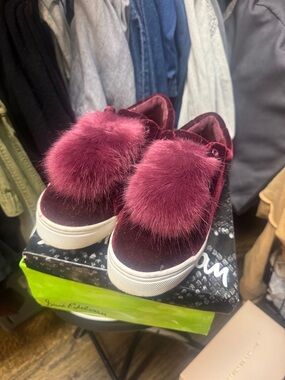 Sam Edelman Burgundy Velvet Pom Slip-On Mules